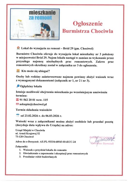 Ogłoszenie Burmistrza Chociwla w sprawie lokalu mieszkalnego do remontu