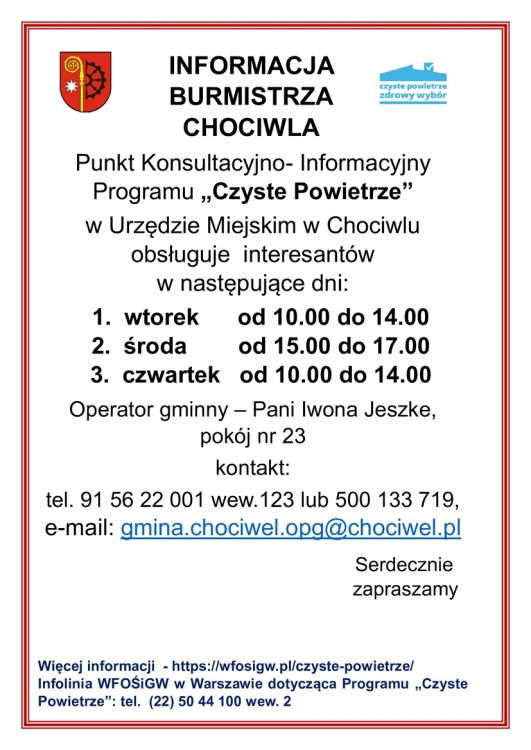 Punkt Konsultacyjno - Informacyjny Programu „Czyste Powietrze” w Urzędzie Miejskim w Chociwlu
