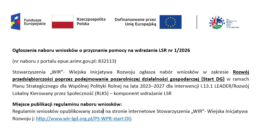 Ogłoszenie naboru wniosków o przyznanie pomocy na wdrażanie LSR nr 1/2026